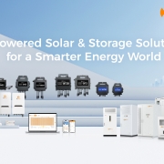 Hero banner showing APsystems' logo with the slogan “AI-powered Solar & Storage Solutions for a Smarter Energy World” over a clean blue background and rows of solar/storage equipment on display.