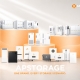 APstorage product lineup of white storage cabinets and electrical enclosures displayed on an orange platform with branding in the corner.