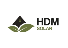 HDM Solar logo: a black stylized roof above two green leaves, with 'HDM' in black and 'SOLAR' in green text to the right