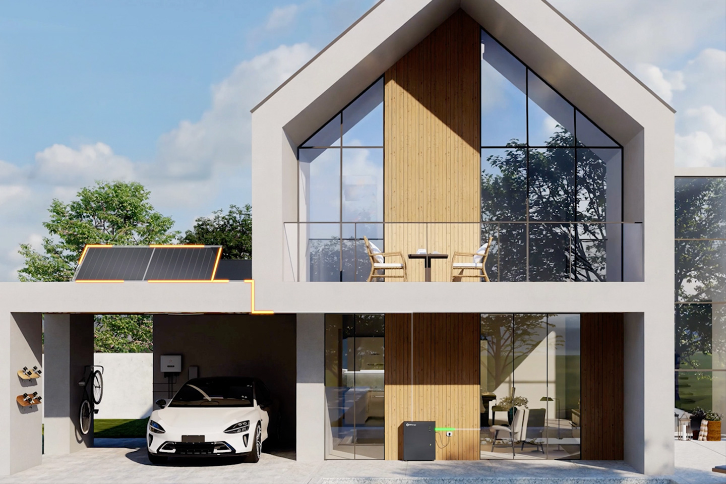 Modern two-story house with a glass facade, wooden accents, and a white car parked in an open garage below.